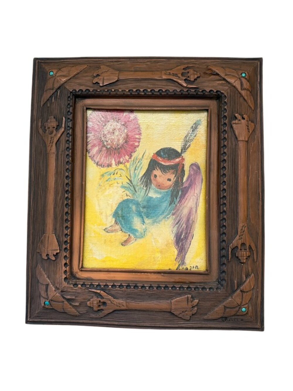 Vintage Ettore DeGrazia "Chiquita" Big Eye Canvas Print With Ornate Southwestern